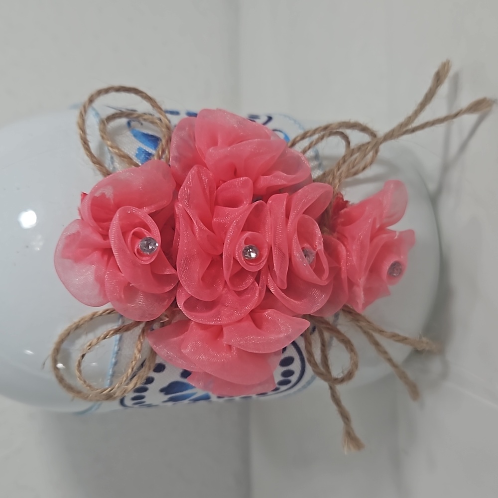 handmade white mason jar with floral blue ribbon and pink flower cross - Picture 6 of 6